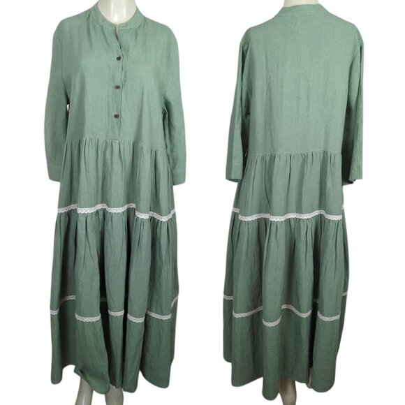 Live Linen Dresses & Skirts - Live Linen Sage Green 3/4"‎ sleeve Tiered Maxi Dress Lace Trim Button Front L